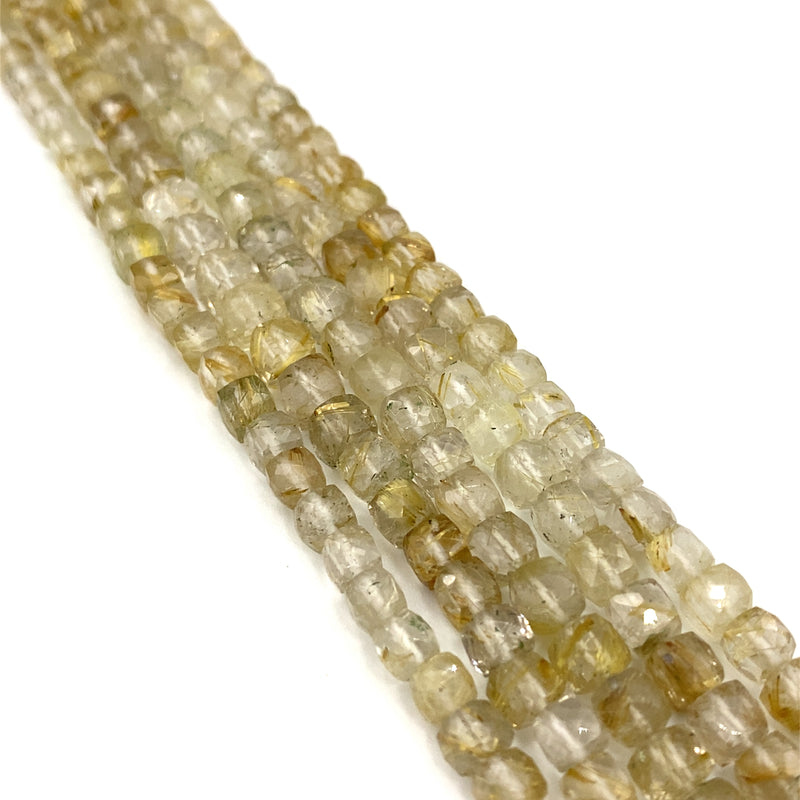 Rutilated Quartz Faceted Cube Beads 5-7.5mm