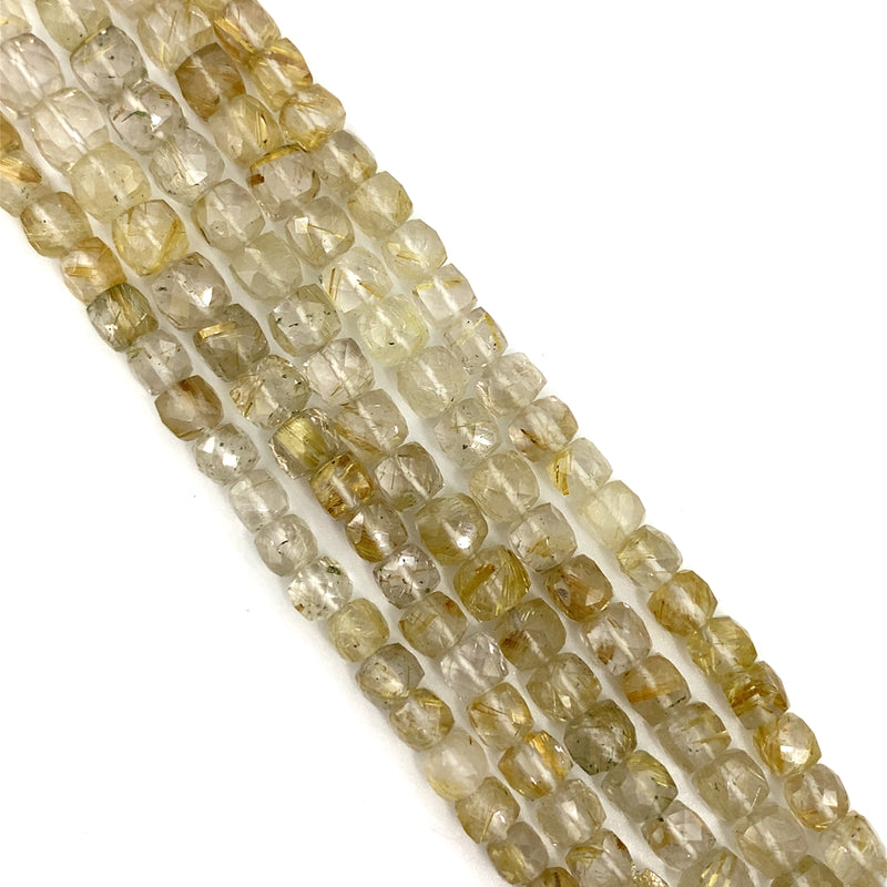 Rutilated Quartz Faceted Cube Beads 5-7.5mm