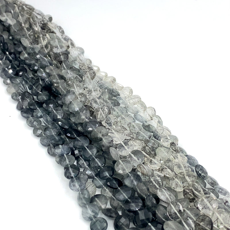 Tourmalated Quartz Faceted Coin Beads 8-9mm