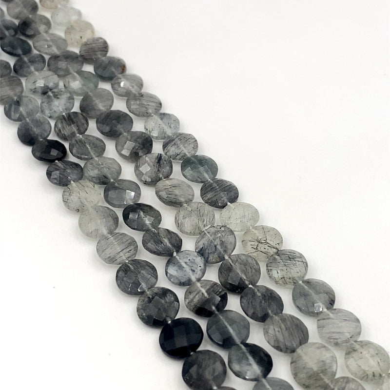 Tourmalated Quartz Faceted Coin Beads 8-9mm